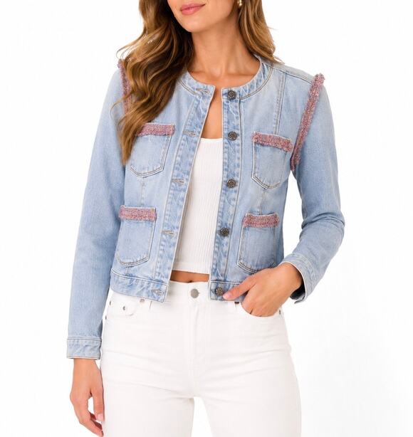 7 For All Mankind Jackets & Blazers - 7 For All Mankind Light Wash Denim Jacket Pink Fringe Trim Button Front Size S